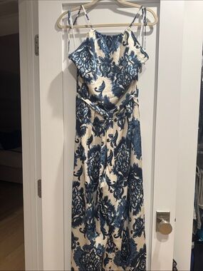 Blue and Cream Printed halter Jumpsuit